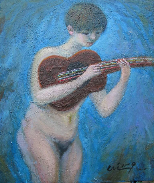看板屋社長の絵画作品：古いギターを弾く少年