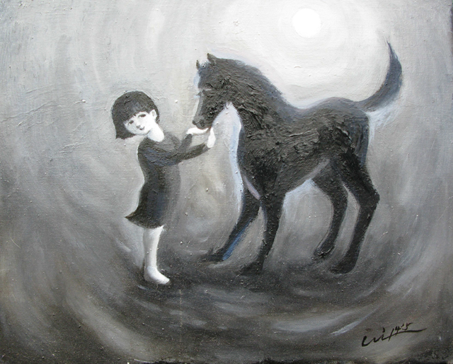 看板屋社長の絵画作品：仔馬と少女